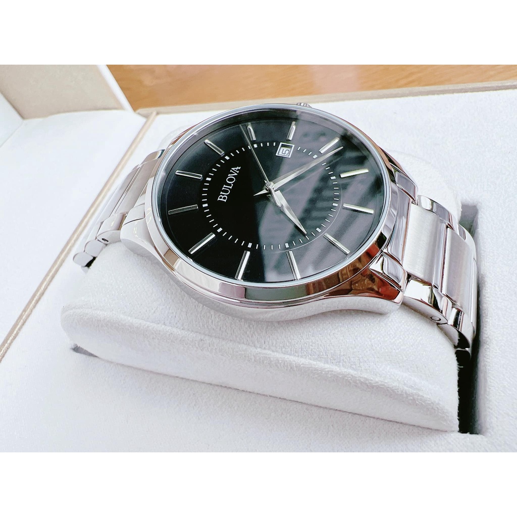 Đồng hồ nam Bulova 96B267  dây kim loại sliver, mặt đen, lịch ngày