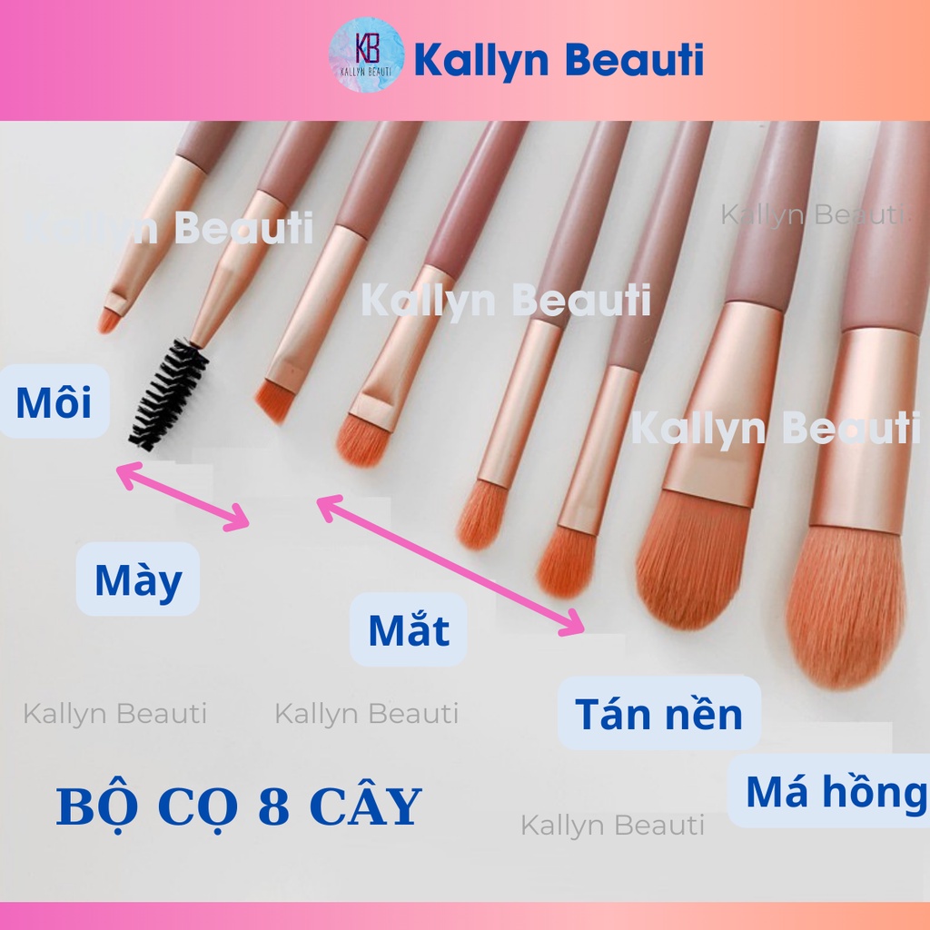 Bộ cọ trang điểm 8 cây makeup cá nhân nhỏ gọn kèm túi zip Kallynbeauti