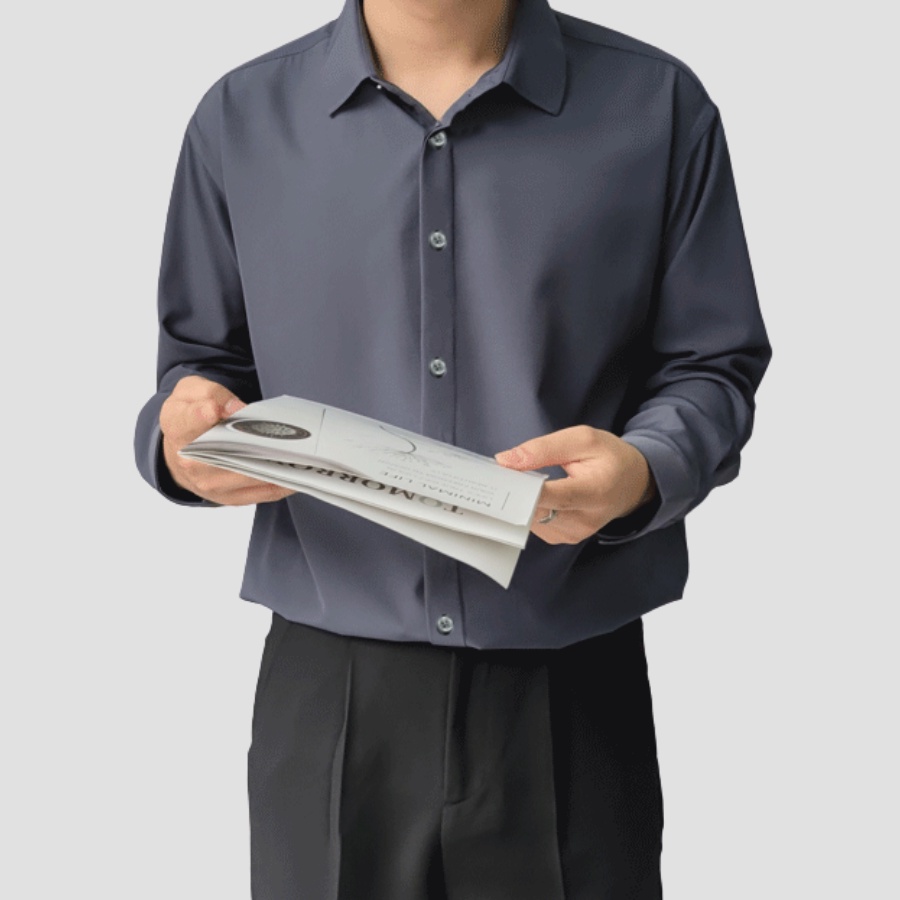 Áo sơ mi nam BASIC dài tay cổ bẻ dáng ôm Hàn Quốc vải lụa thái cao cấp chống nhăn nhanh khô thoáng khí