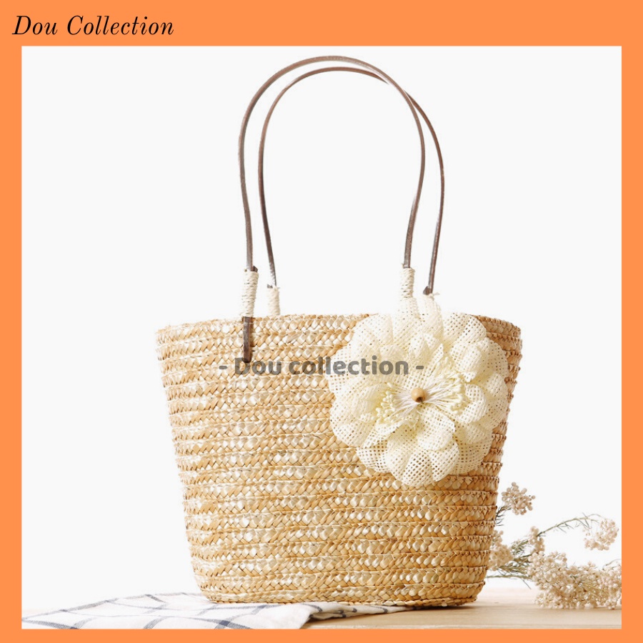 Túi Cói Xách Tay (Túi Rơm Raffia) Phối Hoa Thời Trang Đi Biển - Mã XT068