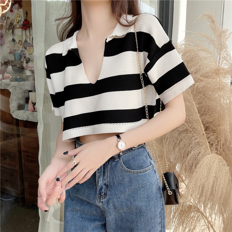 QADCOL Áo dệt kim tay ngắn cổ chữ v dáng rộng kẻ sọc ngang trẻ trung