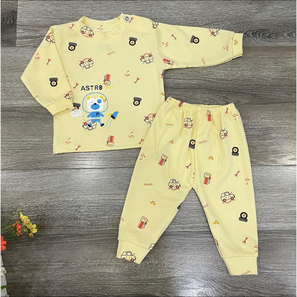 Bộ dài unchi cài vai cotton nỉ họa tiết cho bé