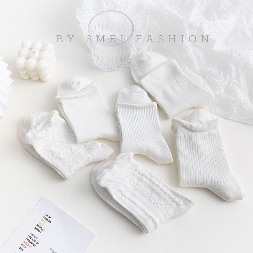 Tất Lolita cao cổ phối ren bèo màu trắng phong cách tiểu thư Hàn Quốc meimei.qc