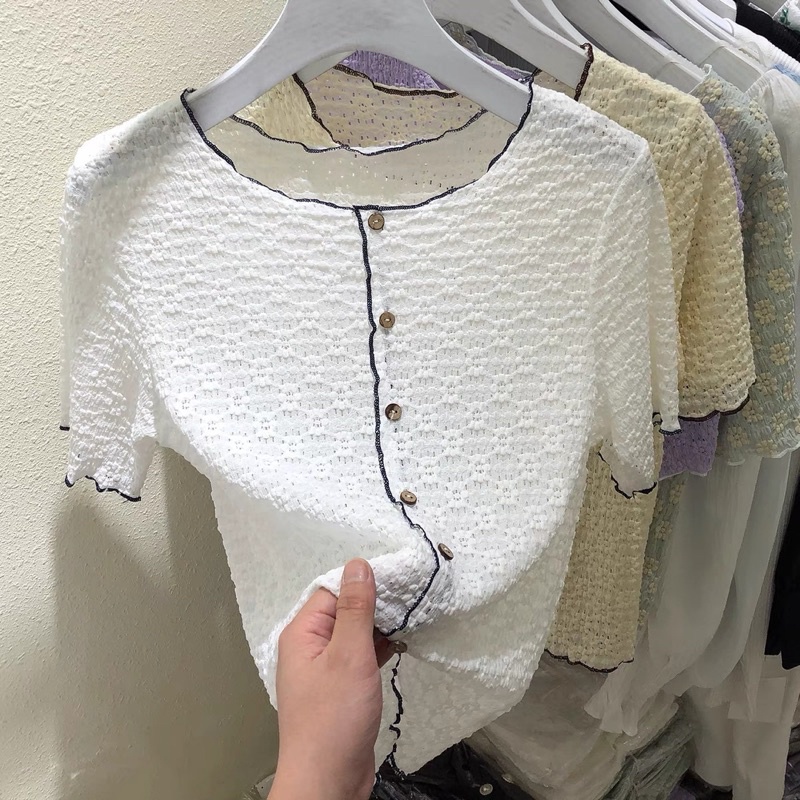 Áo sơ mi ren thiết kế nữ kiểu cổ tròn tay ngắn phong cách trẻ trung sang trọng New Arival