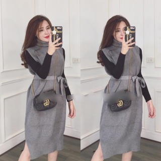 Set áo len váy yếm kèm đai mặc xinh lắm ạ 