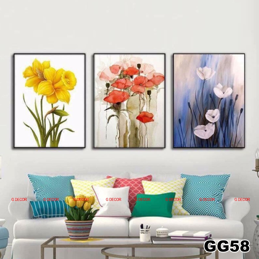 Tranh treo tường canvas 3 bức phong cách hiện đại Bắc Âu 52, tranh hoa trang trí phòng khách, phòng ngủ, phòng ăn spa