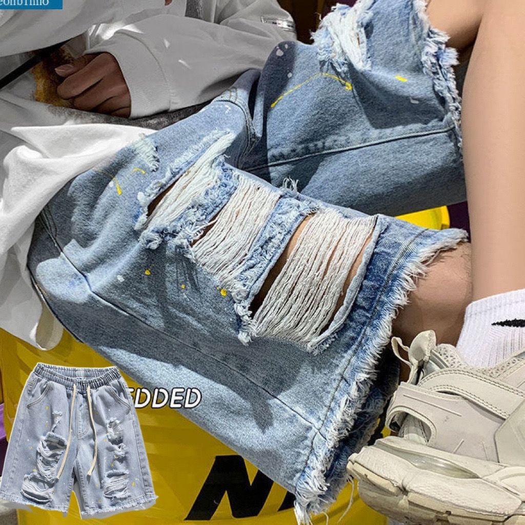 Quần Short Denim Ống Rộng Phối Rách Cá Tính Theo Phong Cách Hip Hop Dành Cho Nam
