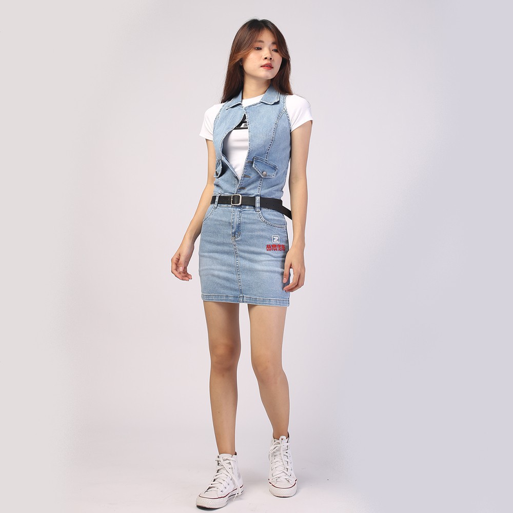 Chân váy ngắn jean HANOIJEAN - Chân váy liền áo màu xanh trắng co giãn chân váy bò VAY005 | BigBuy360 - bigbuy360.vn