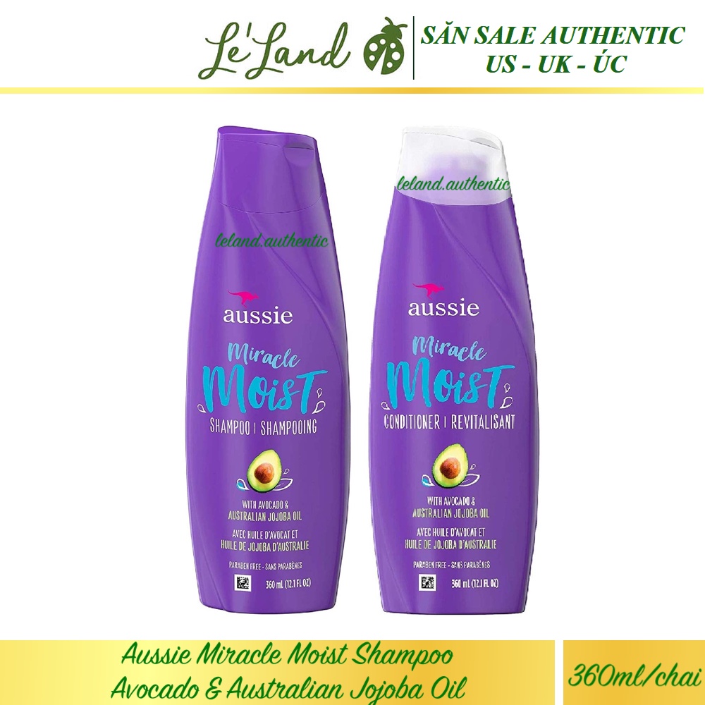 Bill US - Cặp gội xả dưỡng ẩm cho tóc Aussie Miracle Moist Shampoo Avocado &amp; Australian Jojoba Oil 360ml/chai