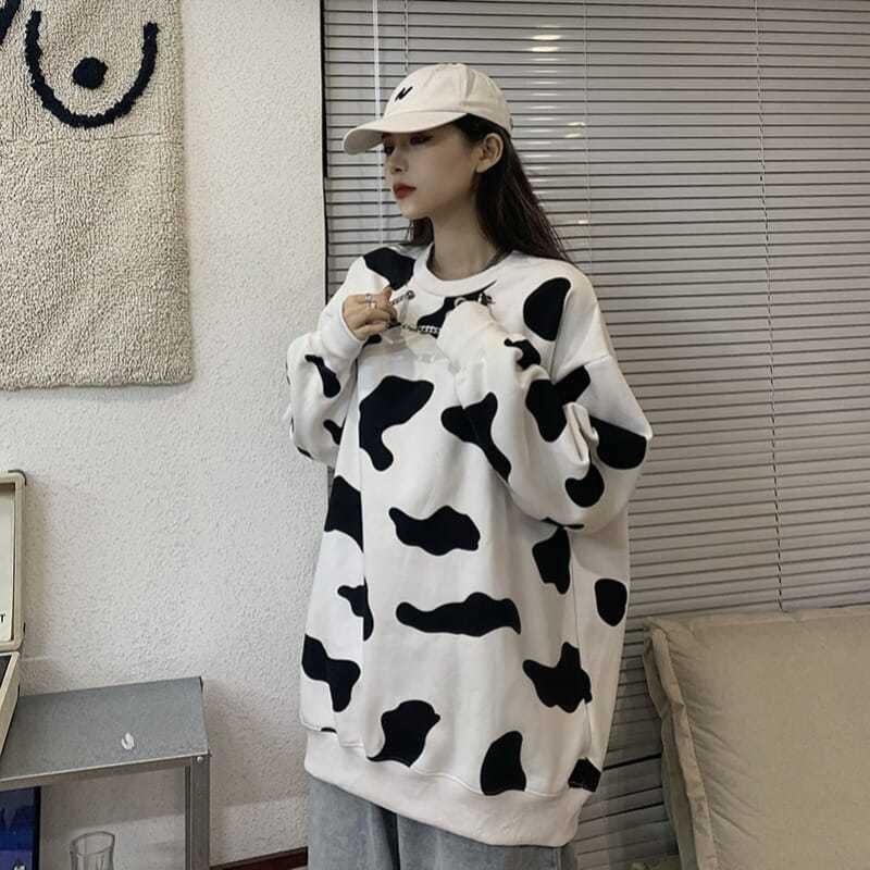 COZOK Áo Sweater Tay Dài Cổ Tròn Dáng Rộng Phong Cách Thời Trang Hàn Quốc