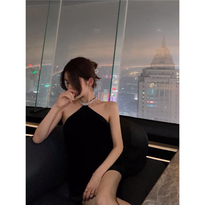 Đầm không tay màu đen đính đá thời trang mùa hè 2021 cho nữ