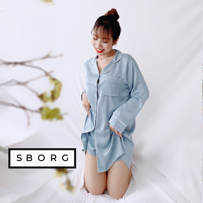 Đầm ngủ SBORG đồ mặc nhà lụa latin cao cấp mềm mát tay dài sang trọng kèm quần đùi sexy freesize dưới 60kg quà tặng vợ