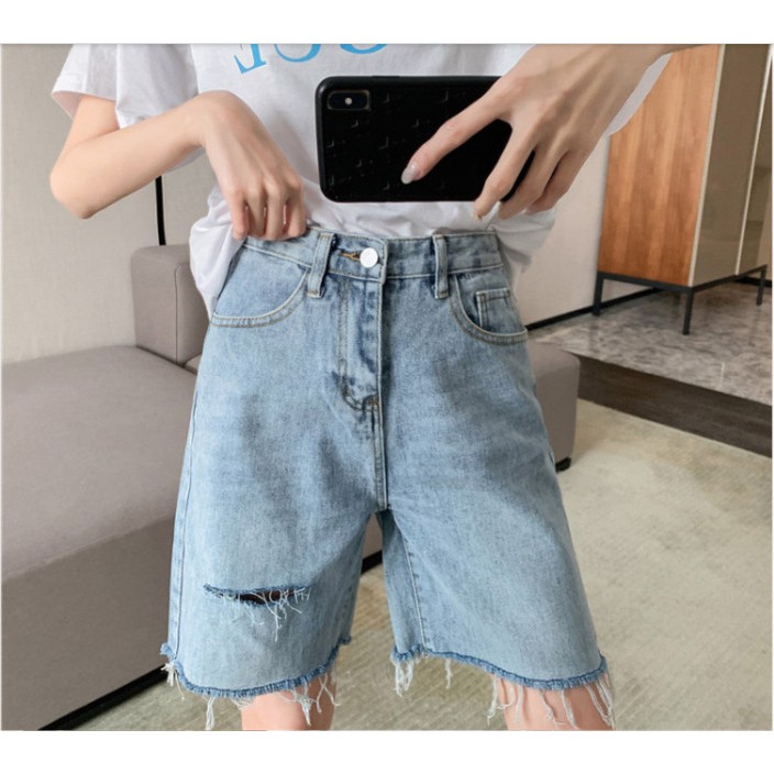 QUẦN JEAN NGỐ LỬNG NỮ RÁCH 1 SỌC ĐÙI TRÁI LƯNG CAO LAI TUA MÀU XANH NHẠT FORM RỘNG CAO CẤP UTI ĐỦ SIZE S, M, L SIÊU HOT