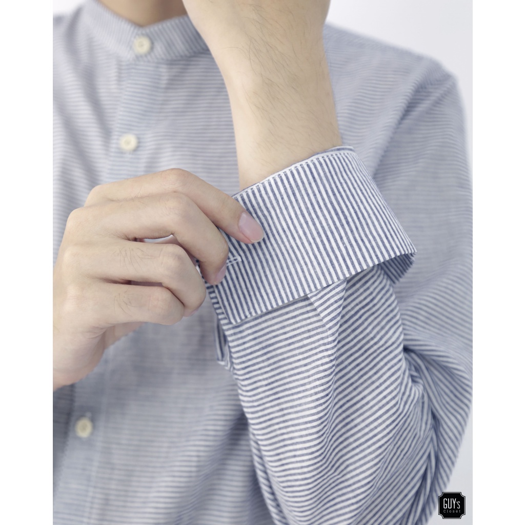 [HÀNG THIẾT KẾ] Áo sơ mi Breeze GUY's Closet, Cổ trụ, Họa tiết kẻ sọc xanh, Chất liệu cotton tháng mát | BigBuy360 - bigbuy360.vn