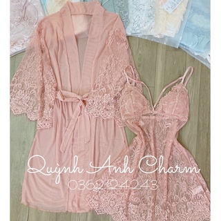 Bộ váy ngủ nữ sexy gợi cảm xuyên thấu Quảng Châu_Đầm ngủ nữ sexy ren voan có kèm áo choàng thắt dây_tặng chip ren