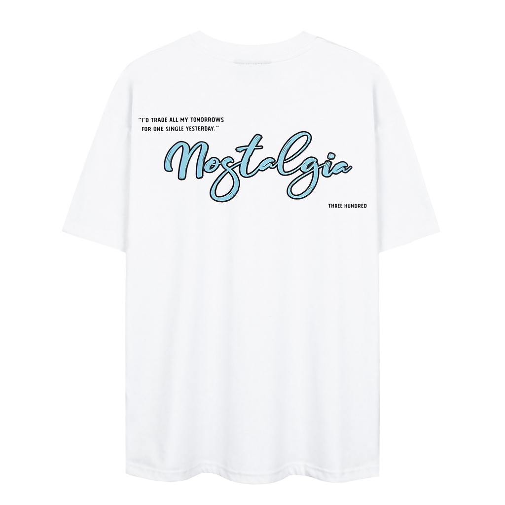 Áo Thun Màu Trắng In Chữ Nostalgia Màu Xanh Chất Liệu 100% Cotton Form Rộng Thoải Mái Unisex Nam Nữ