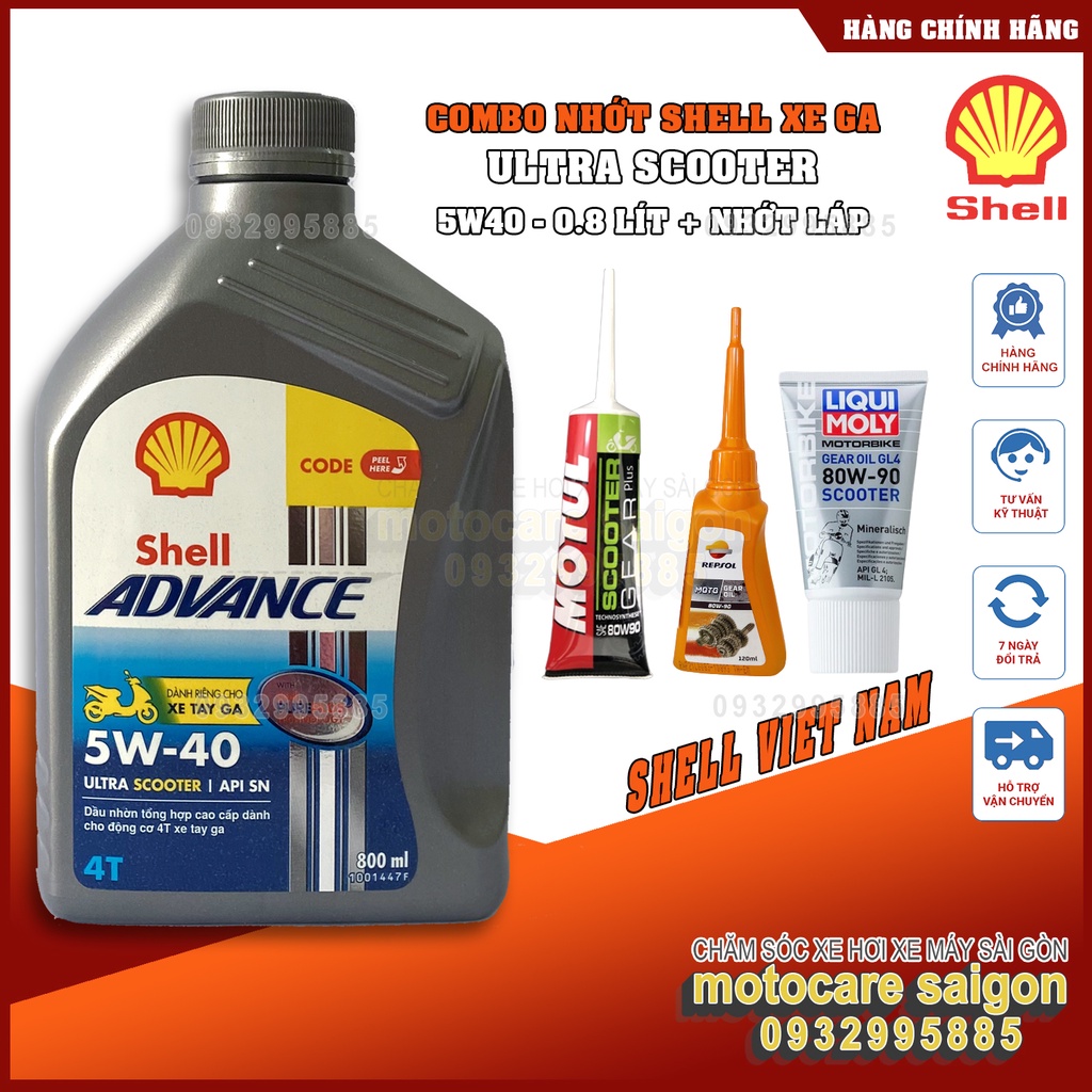 Combo Nhớt dành cho xe tay ga Shell advance ultra scooter 5W40 800ml và nhớt lap(hộp số)