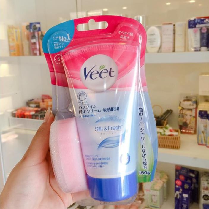 Kem tẩy lông Veet 150g tặng kèm bông hàng Nhật nội địa tẩy lông toàn thân okami