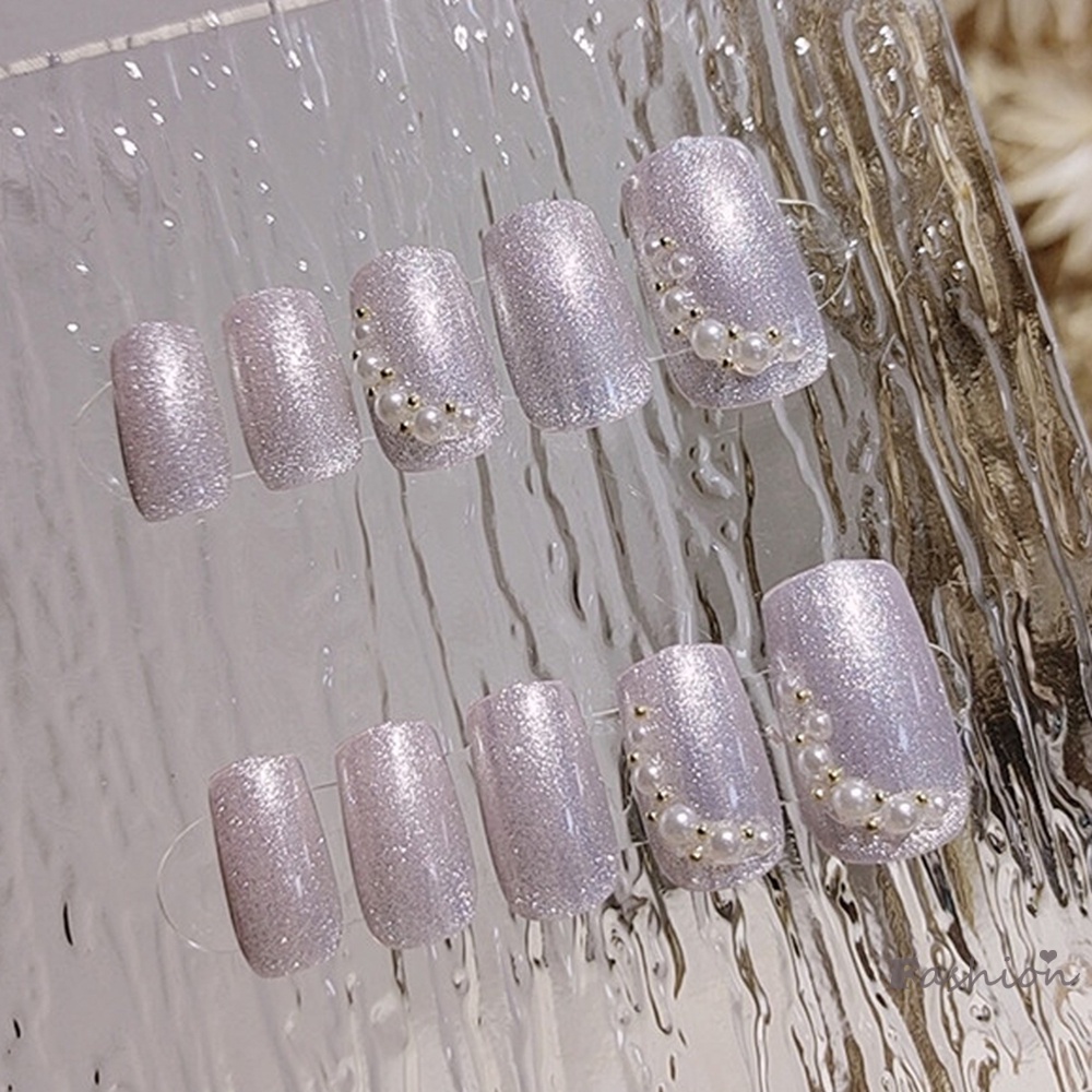 Bộ 24 Móng Tay Giả Đính Ngọc Trai Giả Màu Trắng Sáng Bóng Phong Cách Pháp Độc Đáo DIY