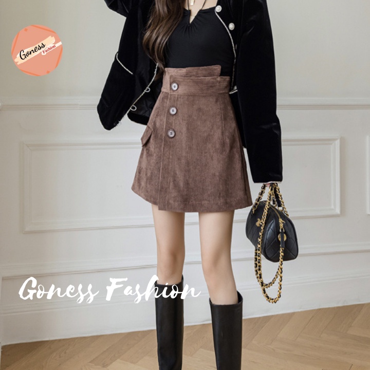 Chân váy ngắn Goness cạp cao vải nhung tăm vạt lệc phối 3 cúc siêu tôn dáng | BigBuy360 - bigbuy360.vn