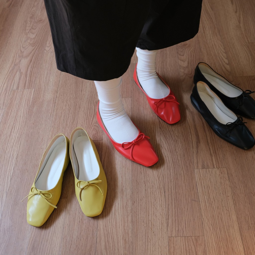 Ribbon flat shoes - giày búp bê đính nơ mũi vuông