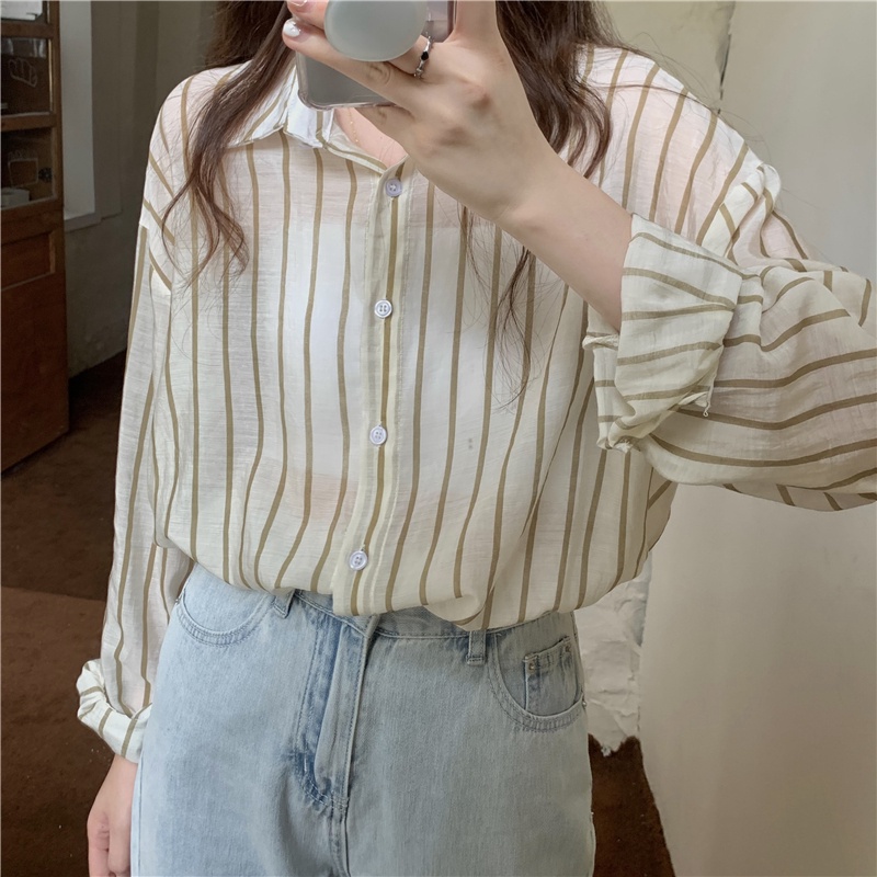 Áo sơ mi IELGY tay dài dáng rộng thiết kế kẻ sọc thời trang cho nữ