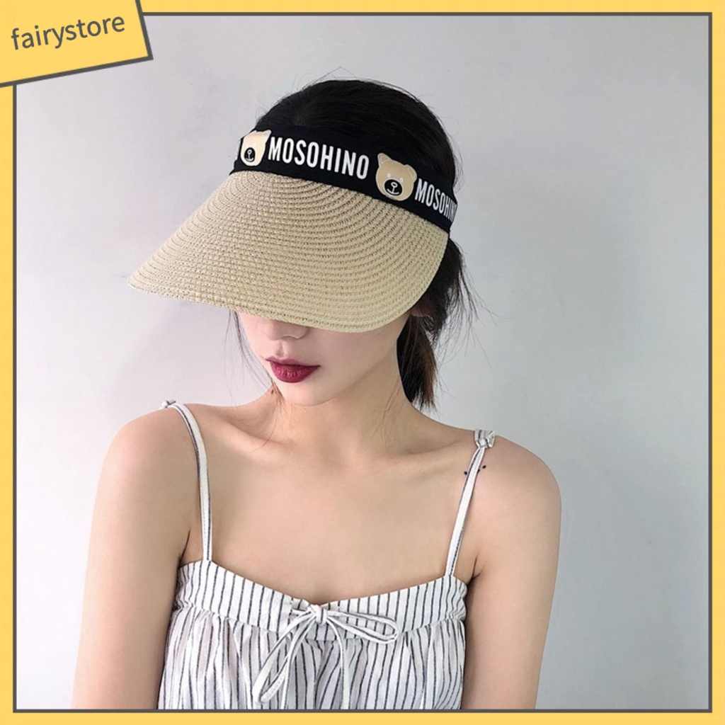 Mũ Cói Vành Rộng Hở Đầu Chống Tia Uv Họa Tiết Gấu Dễ Thương Thời Trang Mùa Hè Cho Người Lớn Và Trẻ Em