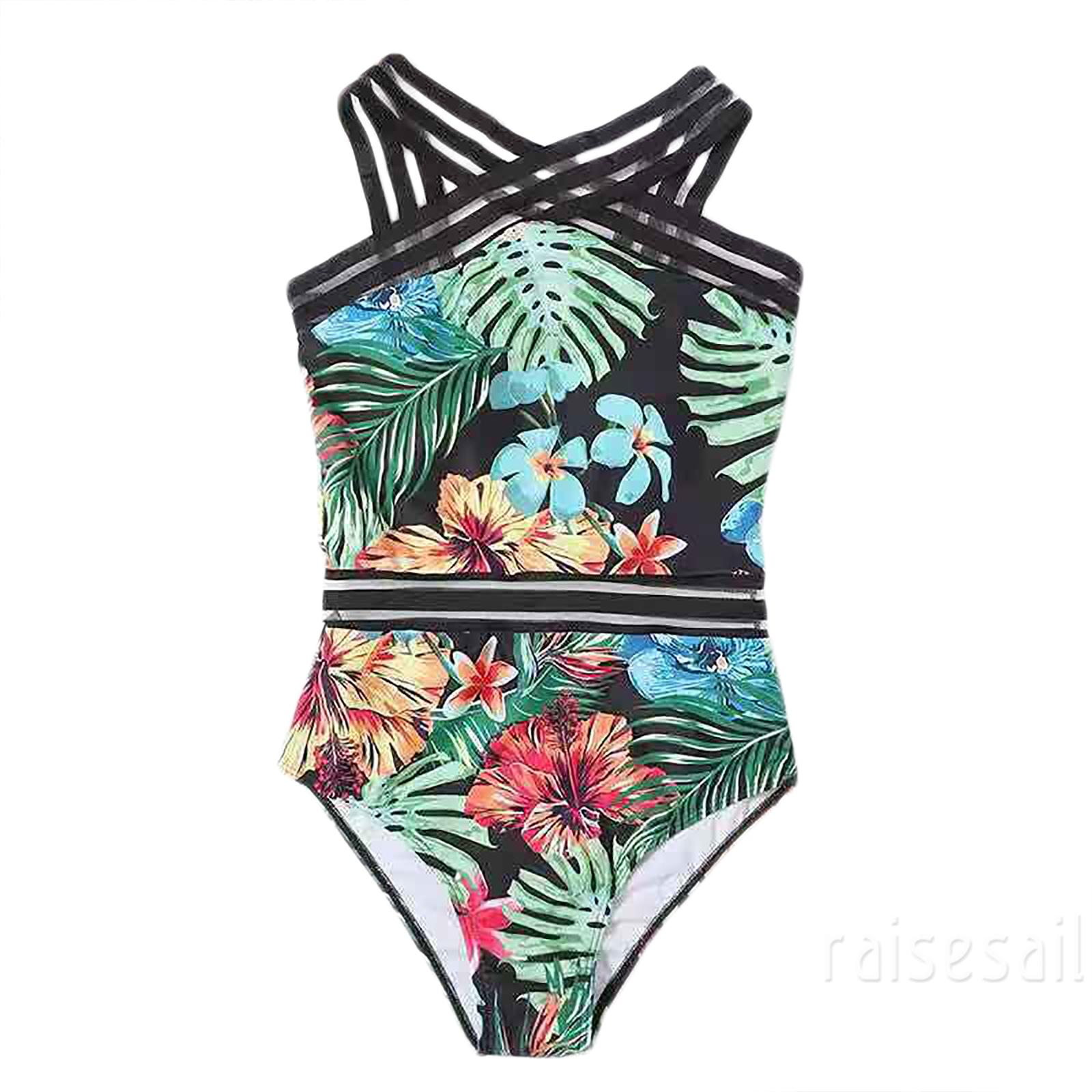Rs-Women´s Sexy Leaves Flower Printing Swimsuit, Classic Sleeveless High Waist Playsuit, Tight V-neck Romper | BigBuy360 - bigbuy360.vn