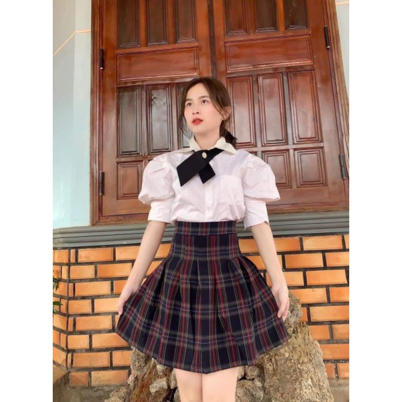 Set Sơ Sơ Mi Tay Bồng + Chân Váy Kẻ Xòe Ulzzang