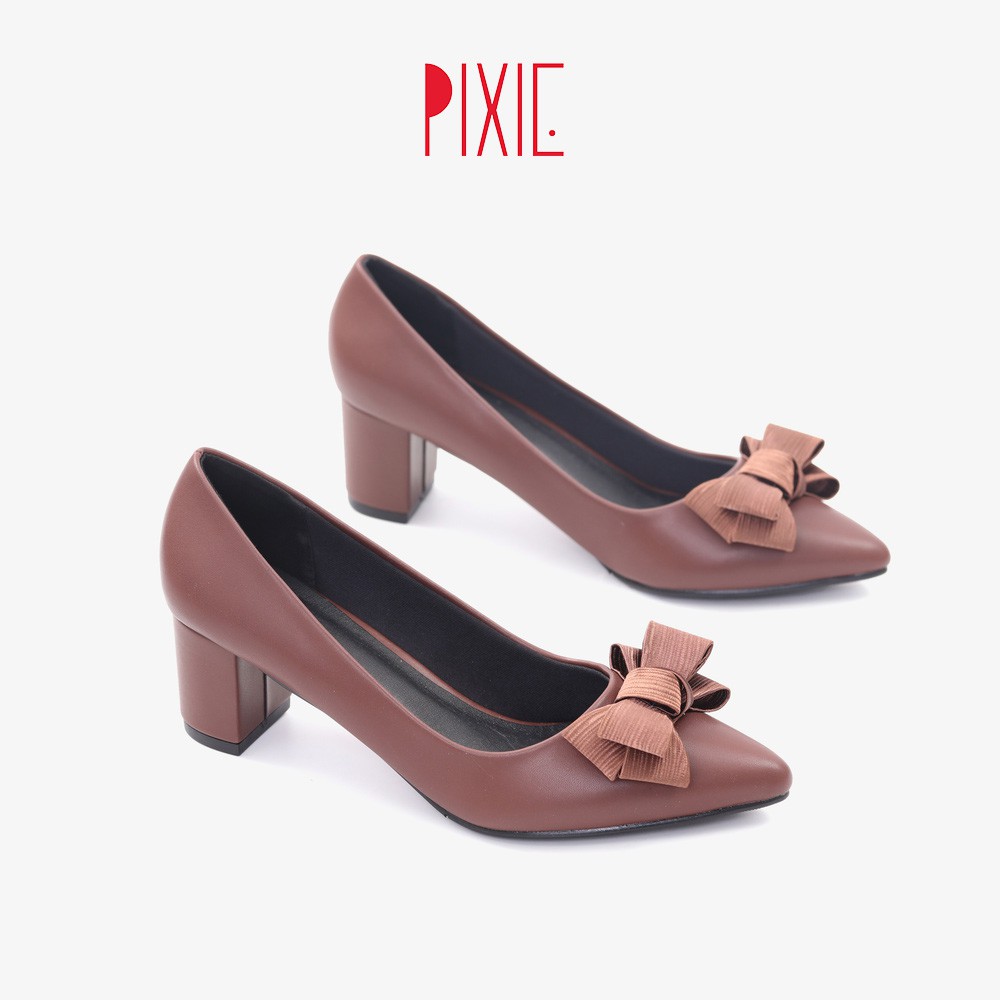 Giày Cao Gót 5cm Đế Vuông Mũi Nhọn Nơ Ấu Màu Nâu Đỏ Pixie P284