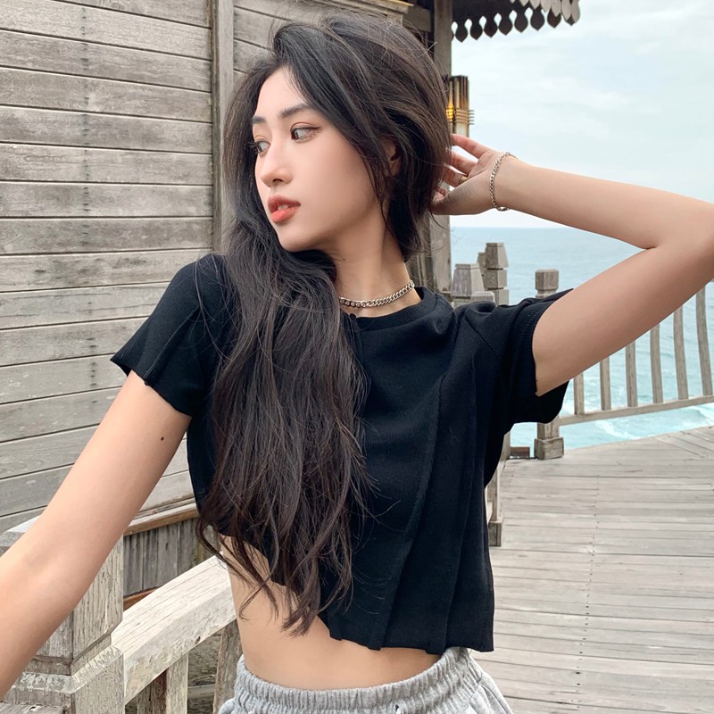 Cocory vn Áo croptop tay ngắn cổ tròn thiết kế độc cá tính cho nữ