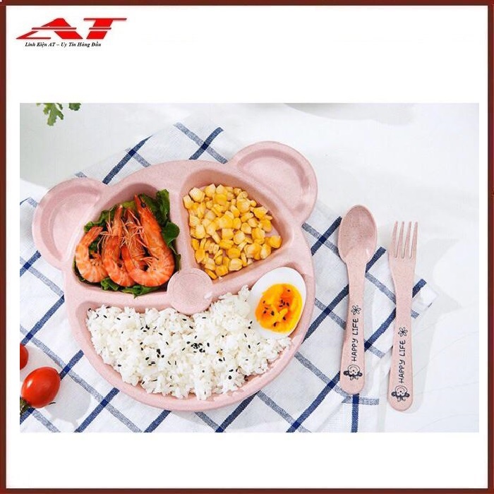 Khay ăn dặm hình gấu cho bé kèm thìa dĩa - Màu ngẫu nhiên