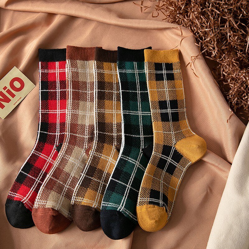 Tất kim đôi vải cotton sọc caro chiều dài trung bình cao cấp phong cách harajuku lolita retro ngọt ngào cho nữ