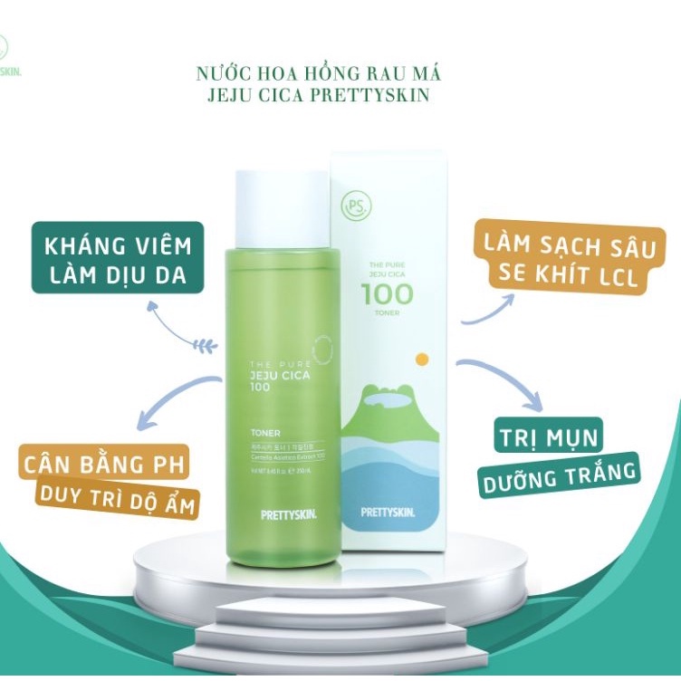 Toner Giúp Cân Bằng, Dưỡng Trắng Da Chiết Xuất Rau Má Pretty Skin - PrettySkin The Pure Jeju Cica 100 Toner 250ml