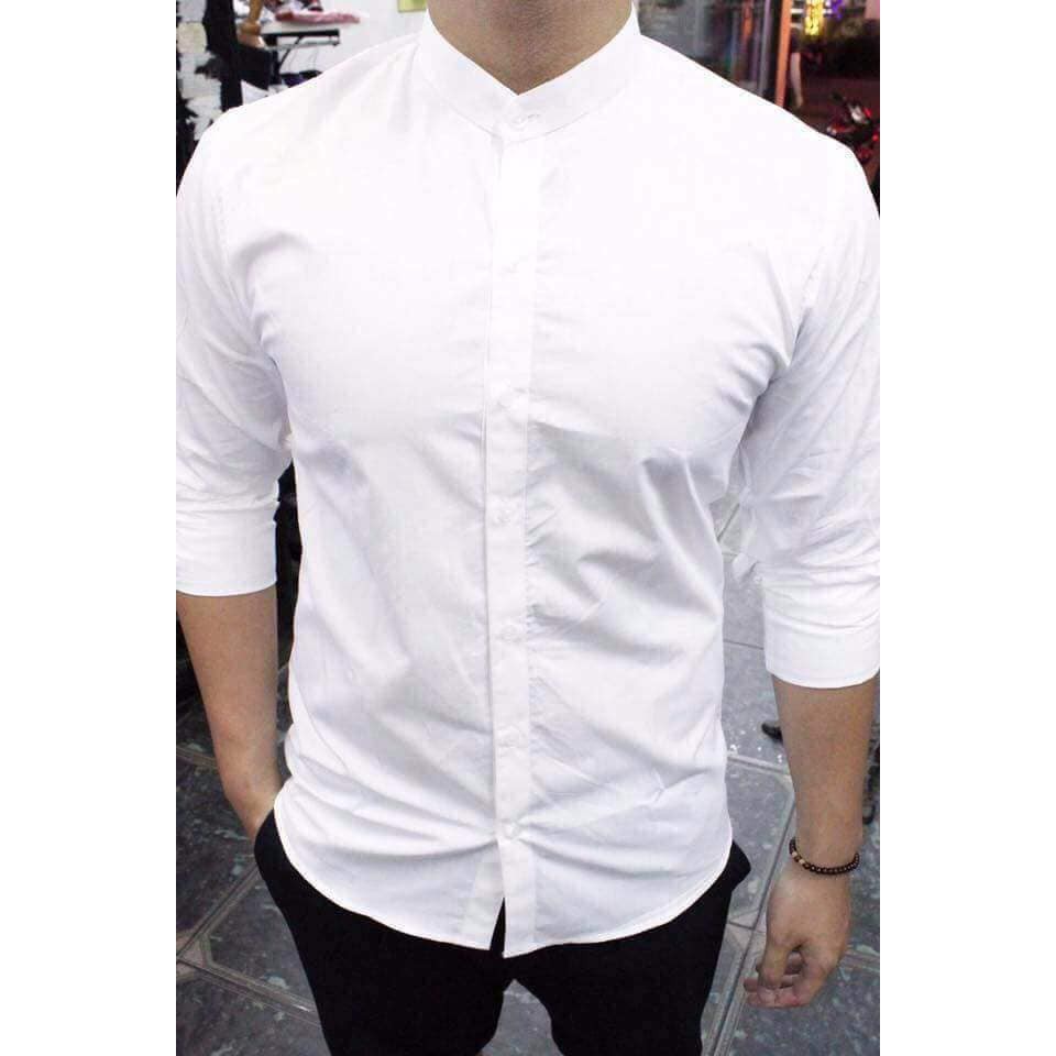 Áo sơ mi nam cổ tàu Trắng Đen dáng ôm body hàn quốc không nhăn chuẩn chuẩn thoải mái (Cam kết giống hình) | BigBuy360 - bigbuy360.vn