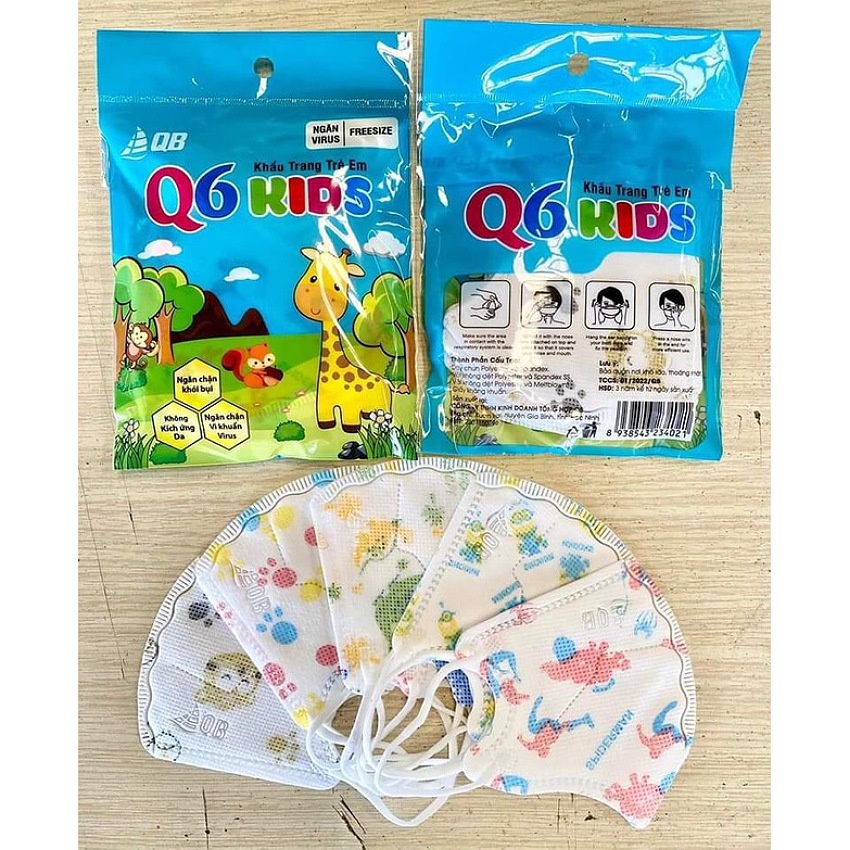 Khẩu trang 6D trẻ em Q6 Kids, túi 10 cái, khẩu trang cho bé 1-5 tuổi, thiết kế ôm kín khuôn mặt bé, nhiều màu đáng yêu