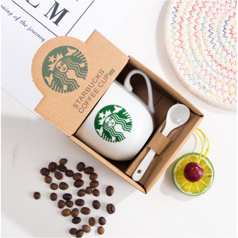 Set bình giữ nhiệt Starbuck và cốc sứ kèm thìa, inox 304 giữ nhiệt tới 12h