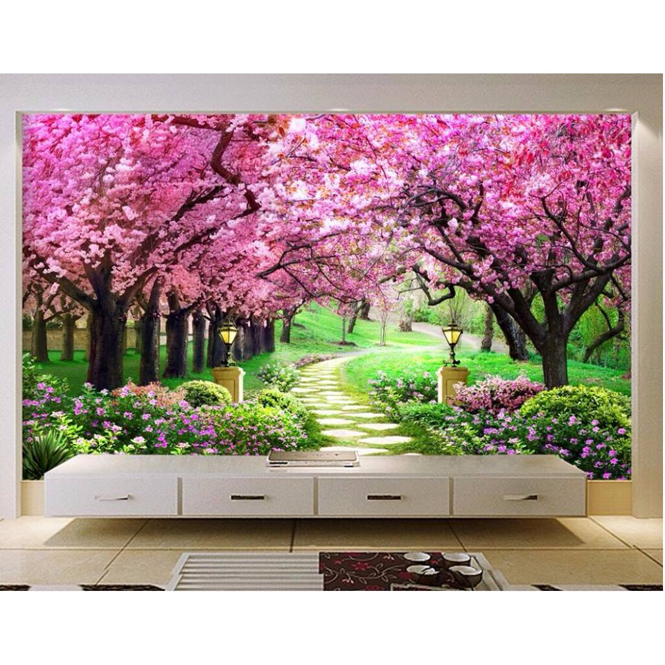 Tranh dán tường 3D vườn hoa đào BINBIN H107 (Không phai màu)