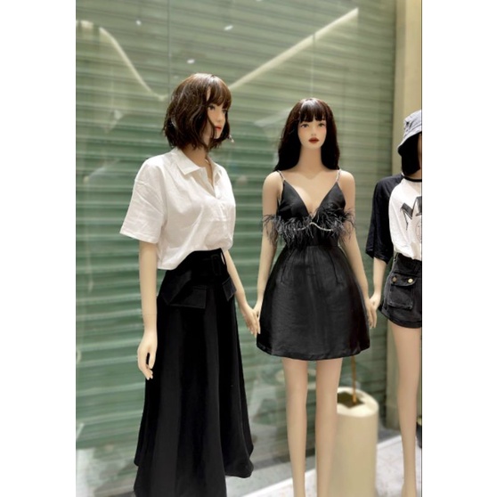 Đầm suông 2 dây kết đá phối lông vũ