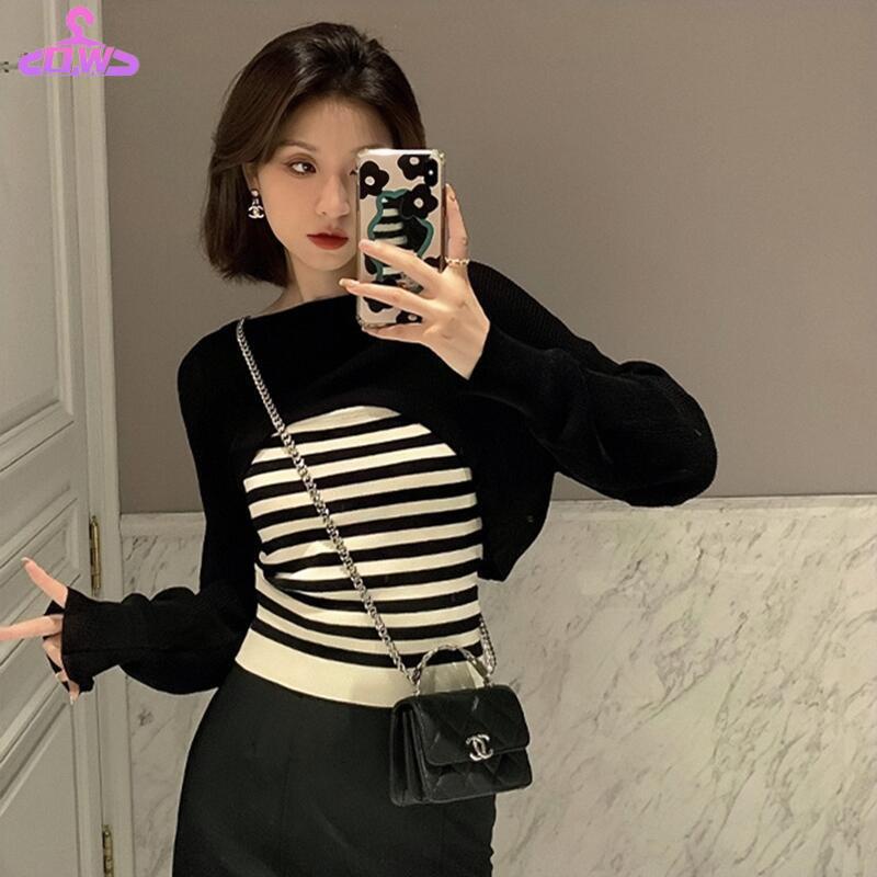 áo khoác croptop nu Áo Sweater Hai Dây Màu Đen Tay Dài Dáng Ôm Kiểu Pháp Thời Trang Mùa Thu Cho Bạn Gái