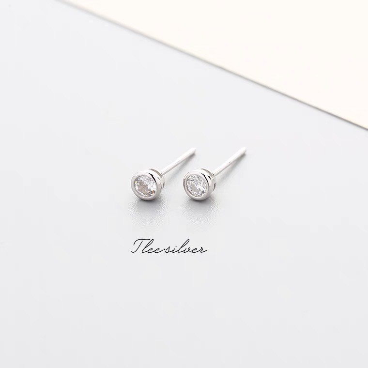 Khuyên tai bạc Tlee, bông tai đá nhỏ viền bao xinh xắn- TleeSilver