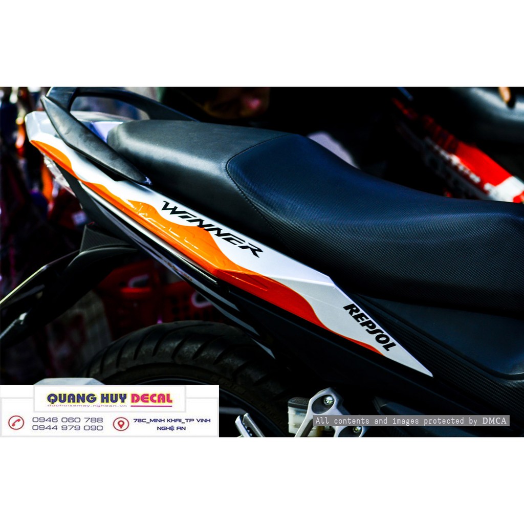 Tem trùm xe Winner đỏ cam trắng repsol 150 V1, độ thiết kế team dán phủ decal xe máy giá rẻ đẹp
