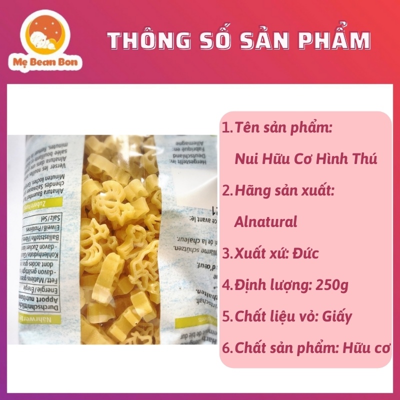 Nui Hữu Cơ Hình Thú Alnatural 250 g Bio Đức Cho Bé Ăn Dặm, Nui Bio Ăn Dặm Từ 8 Tháng Tuổi