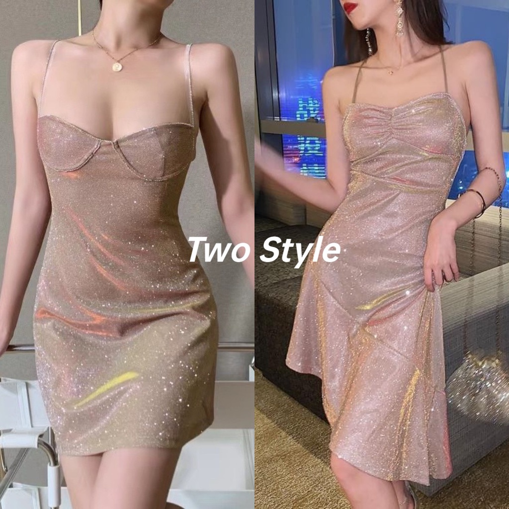 Đầm Hai Dây Ôm Sát Đính Kim Tuyến Lấp Lánh Thời Trang Cho Nữ