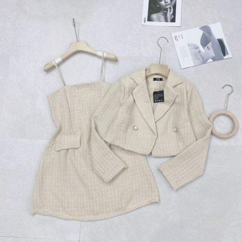 S272 Set Vest, Gồm Váy 2 dây dáng chữ A sang trọng lịch sự phối Áo vest dáng ngắn hai lớp cao cấp