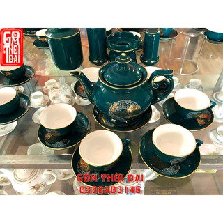 Bộ ấm chén men xanh cổ vịt vẽ vàng chuẩn Bát Tràng (3 dáng )