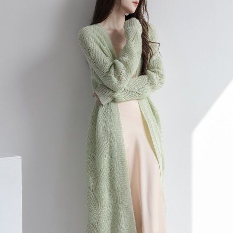 Áo Khoác Cardigan Dệt Kim Dáng Rộng Màu Xanh Lá Phong Cách Pháp Thời Trang Mùa Hè Chống Nắng Cho Nữ