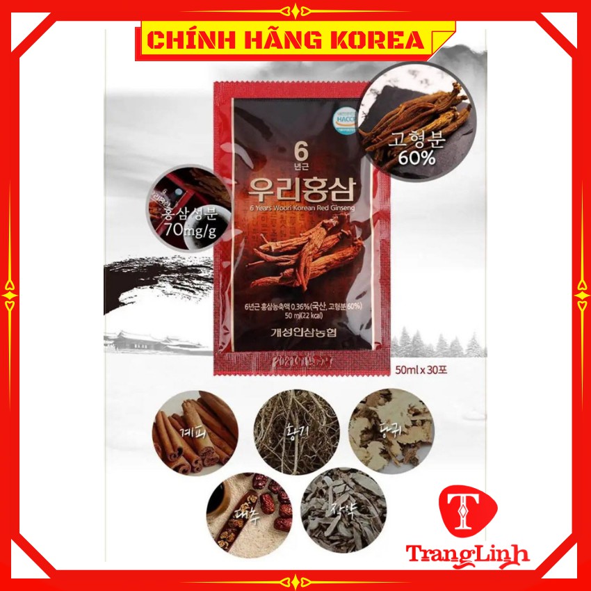 Nước hồng sâm hàn quốc 6 năm tuổi, xách 30 gói - Nước sâm Woori chính hãng - tranglinhkorea
