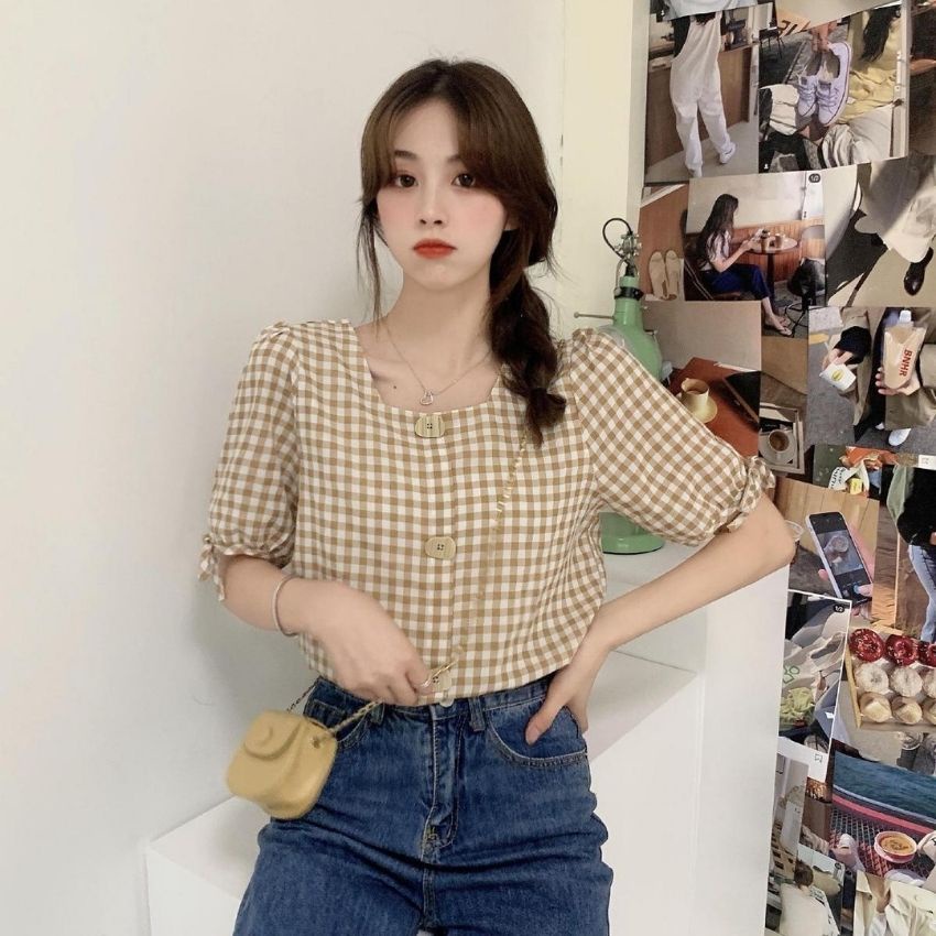 Áo sơ mi nữ tay ngắn thiết kế kiểu cổ vuông, áo sơ mi nữ sọc caro tay phồng ngọt ngào và xinh xắn - Kemi