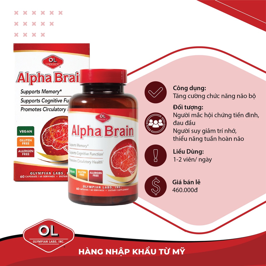 Viên Uống Bổ Não Olympian Labs Alpha Brain Tăng Cường Chức Năng Bộ Não, Hỗ Trợ Tuần Hoàn Não